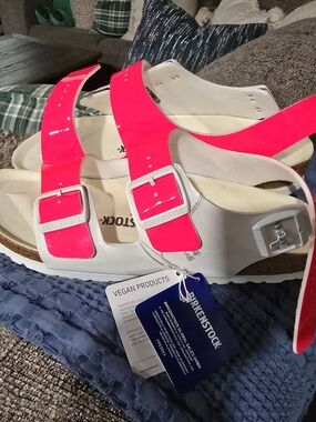 Birkenstock Women’s Neon Pink Madrid Two-Strap Sandal (White Base)